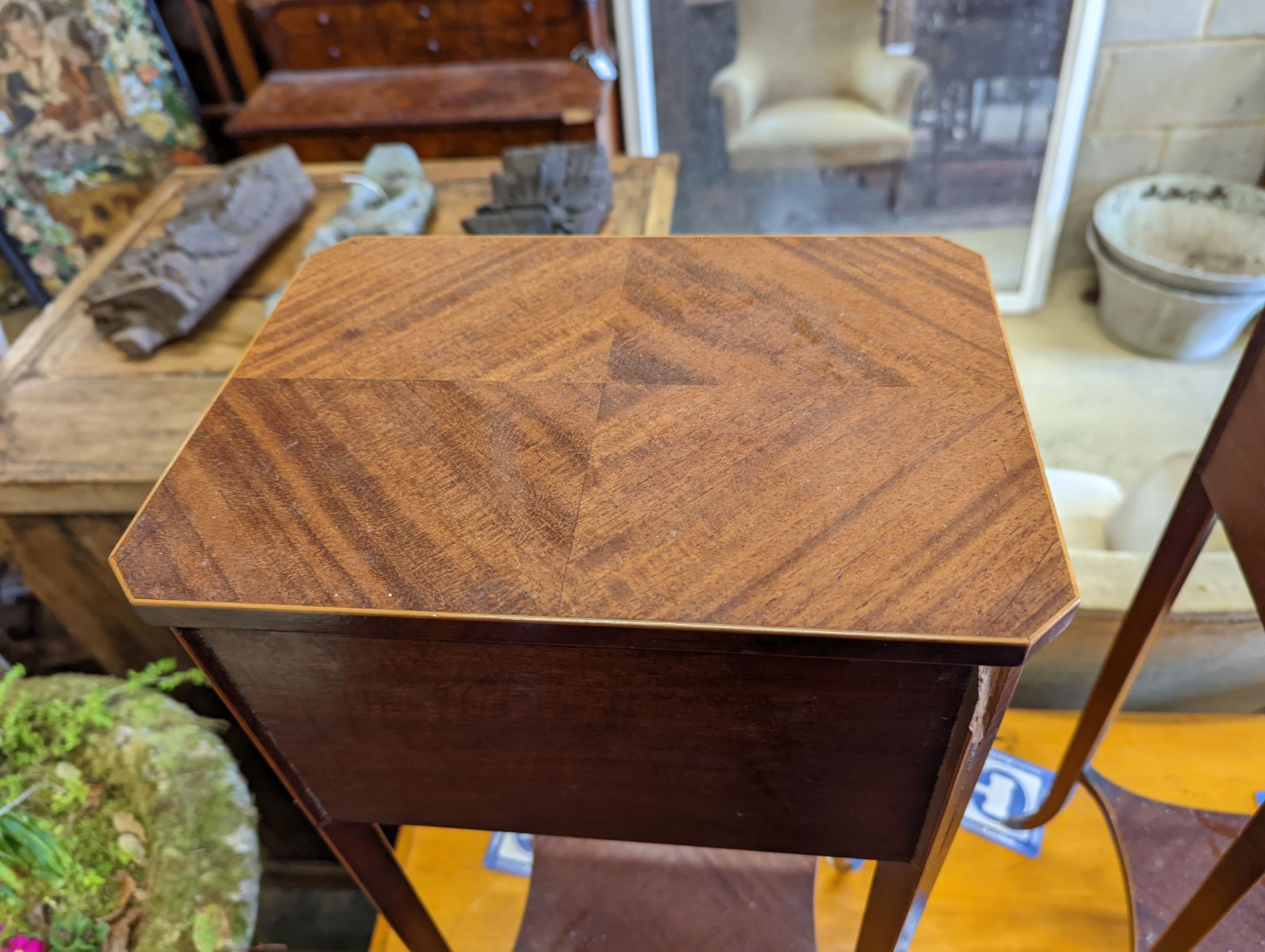 A pair of Sheraton revival inlaid mahogany two drawer bedside tables, width 30cm, height 67cm